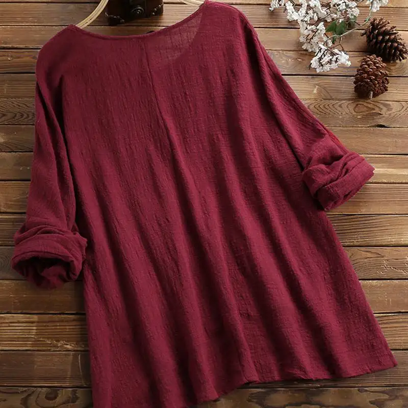 Mferlier Autumn New Womens Blouses O Neck Long Sleeve Pockets Irregular Hem Ladies 6XL 7XL 8XL Plus Large Size Red Casual Tops |