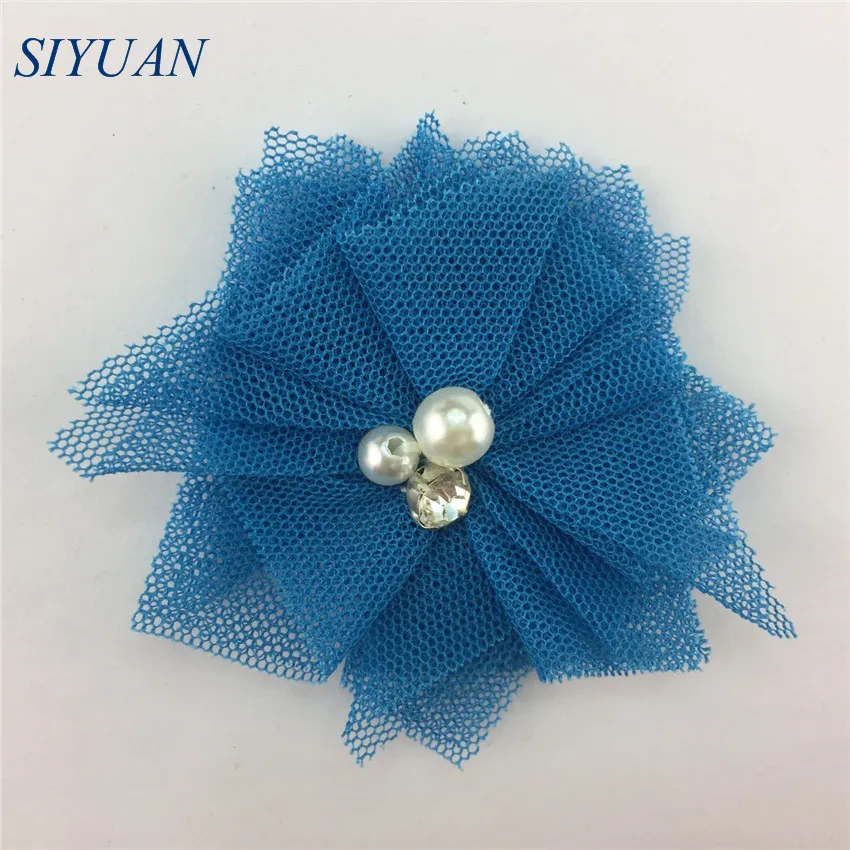 7-blue 10 шт./лот, 5 см, сетка, тюль, Fbric, цветок, стразы, для детей, жемчуг, бисер, шикарная повязка с цветами, сделай сам, аксессуары для волос F27 - Цвет: 7-blue