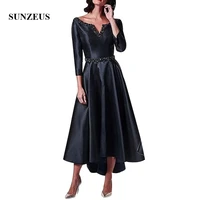 beaded neckline waistband black mother of the bride dress three quarter sleeves tea length formal party dresses satin guest gown