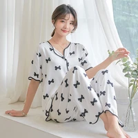 south korea summer woman pajamas set cotton silk short sleeve pajamas thin rayon cotton bowknot woman cardigan casual home wear
