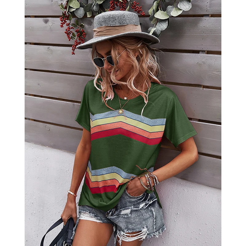 

2021 New Summer Short Sleeve Top Women Wave Print Casual Loose O-Neck Stripe Patchwork Pullover Female T-Shirt Harajuku Sj7728X