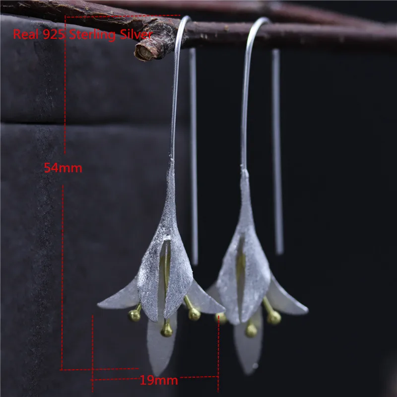 

Buyee 100% 925 Sterling Silver Flower Earring Women Vivid Extra Long Gold Bud Flower Dangle Earring for Women Party Fine Jewelry