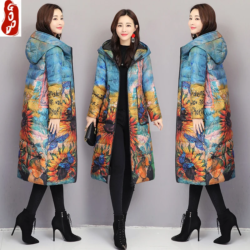 

Женские пальто, Зимняя Толстая теплая пуховая куртка, длинная пуховая парка, Женское пальто с принтом, женская модная одежда с капюшоном ...