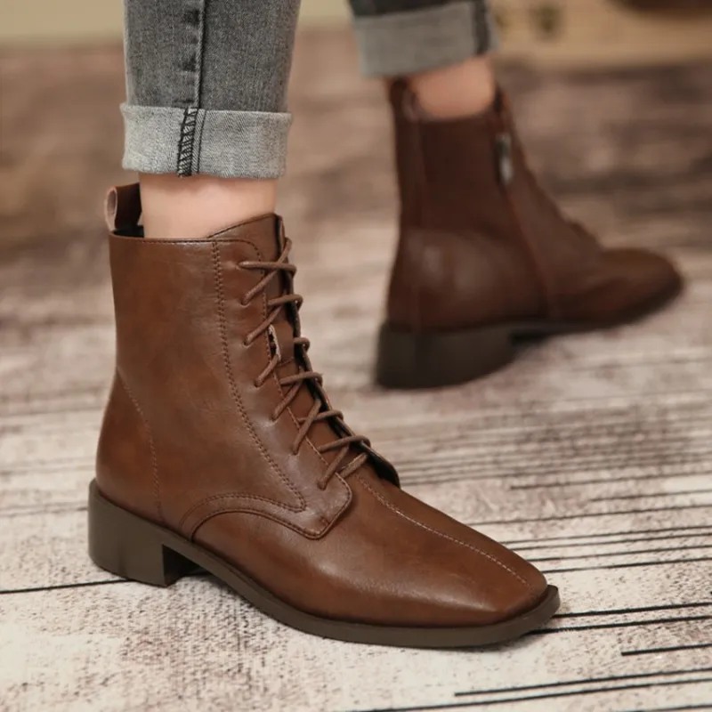 

2021 Fall Winter Vintage Retro Cow Leather Women Booties Black Brown Cross Tied Lace up Shoes Woman Square Toe Ankle Boots 34-40