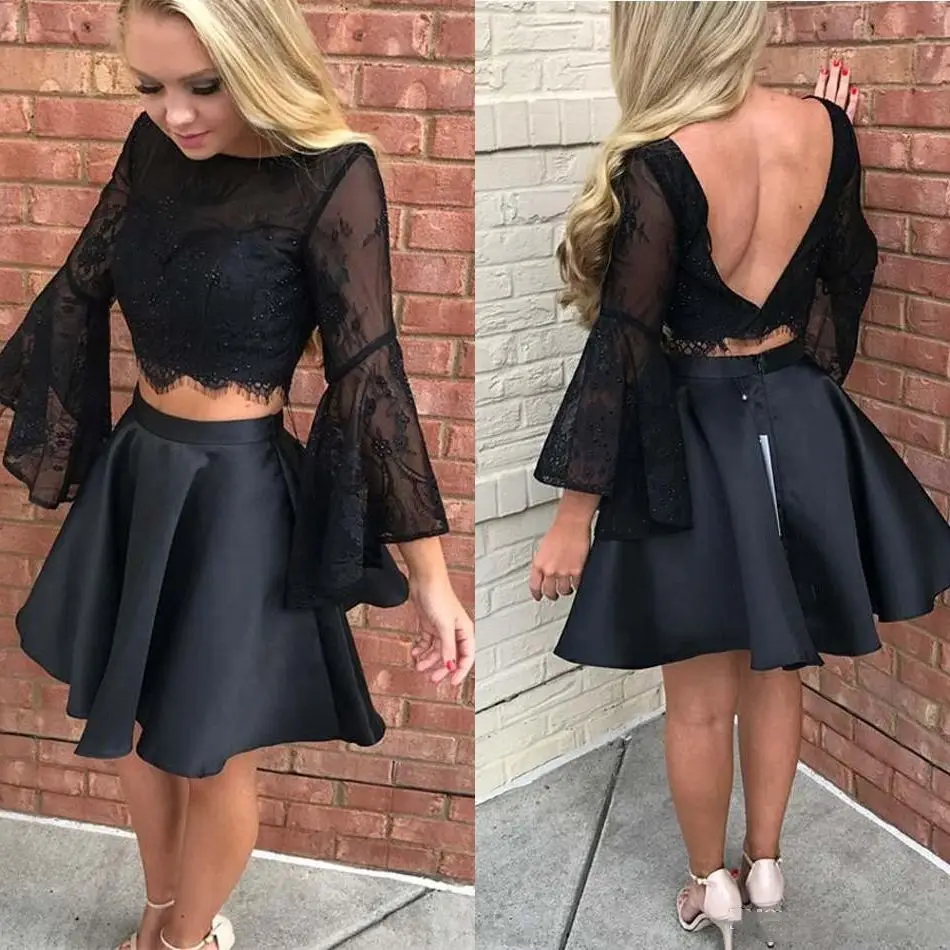

Black Juliet Long Sleeves Homecoming Prom Dress Short Jewel Neck Sequin Beaded Two Pieces Satin Party graduation Cocktail Dress