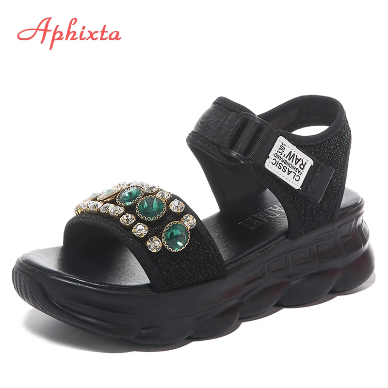 Женские тканевые сандалии Aphixta с блестками на платформе со стразами кожаные