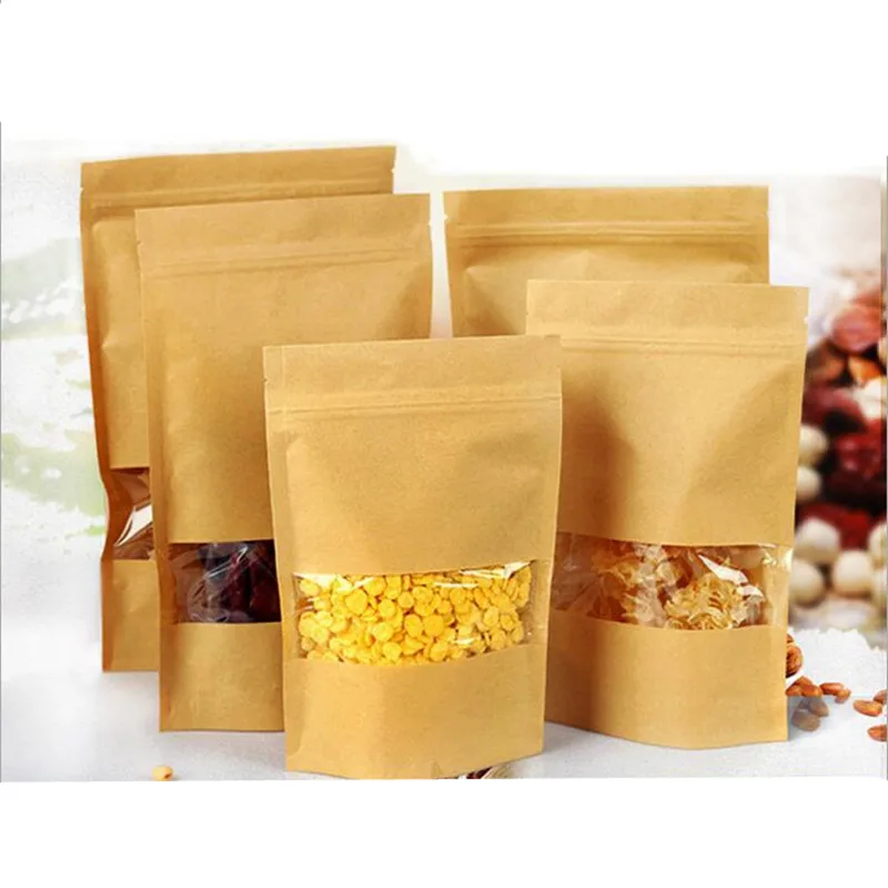 10 Pcs Kraft Paper Windowing Zifeng Dai Bags Gift Dried Food Fruit Nuts Tea Packaging Pouches Zipper Sealing Bags