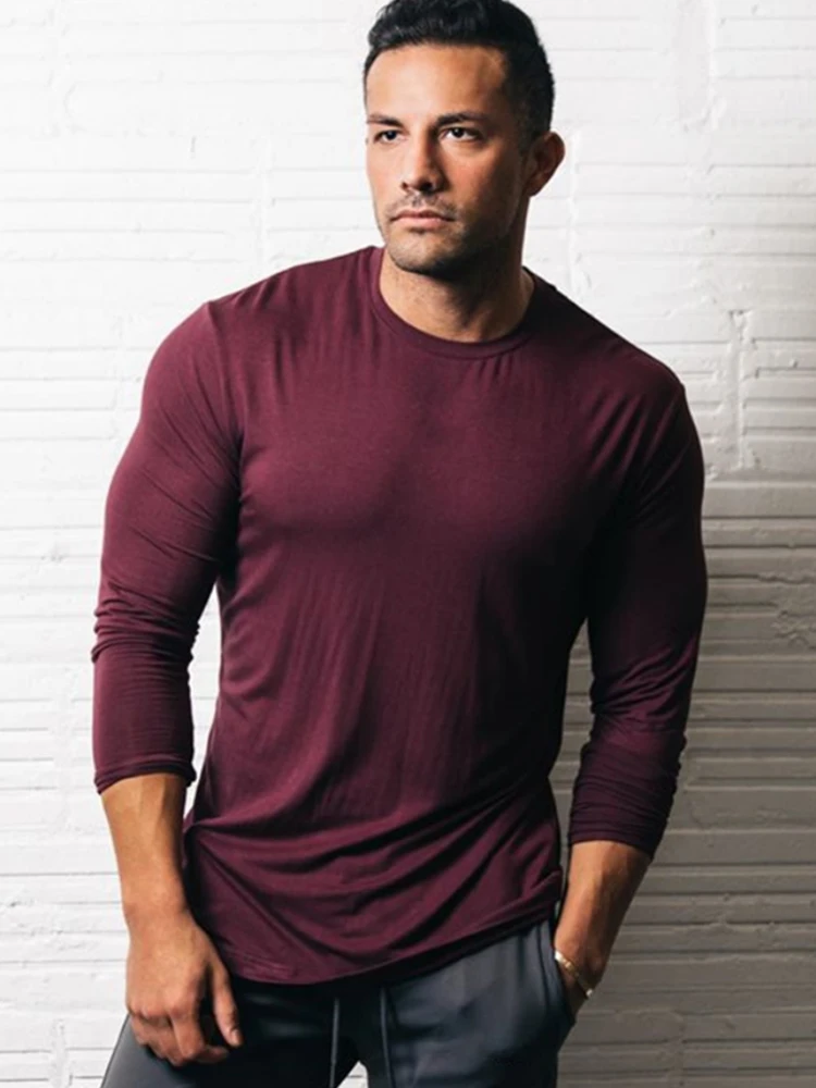 

Мужская спортивная футболка с длинным рукавом, однотонная хлопковая футболка с длинным рукавом для фитнеса и бодибилдинга, одежда для трен...