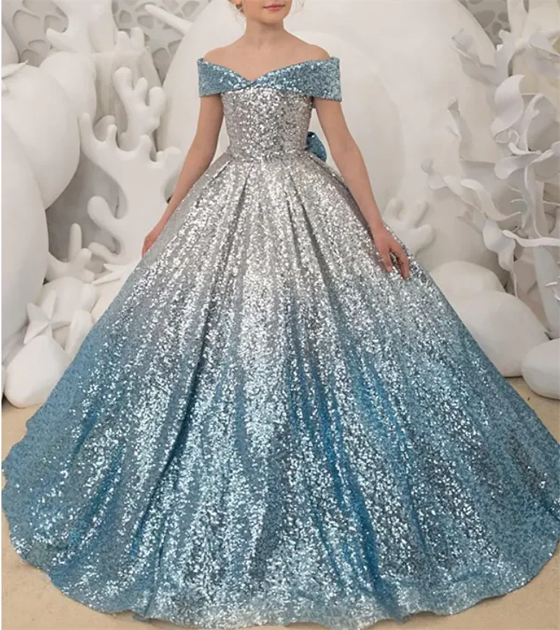 

2022 New Princess Sweep / Brush Train Flower Girl Dresses Party Sequined Short Sleeve Off Shoulder with Bow Banquet Birthday