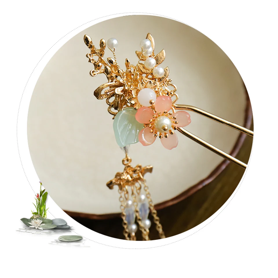 

Chinese Traditional Hair Accessories Crystal Flower Hair Stick Handmade Metal Long Tassels Hairpin Vintage Hair Jewelry