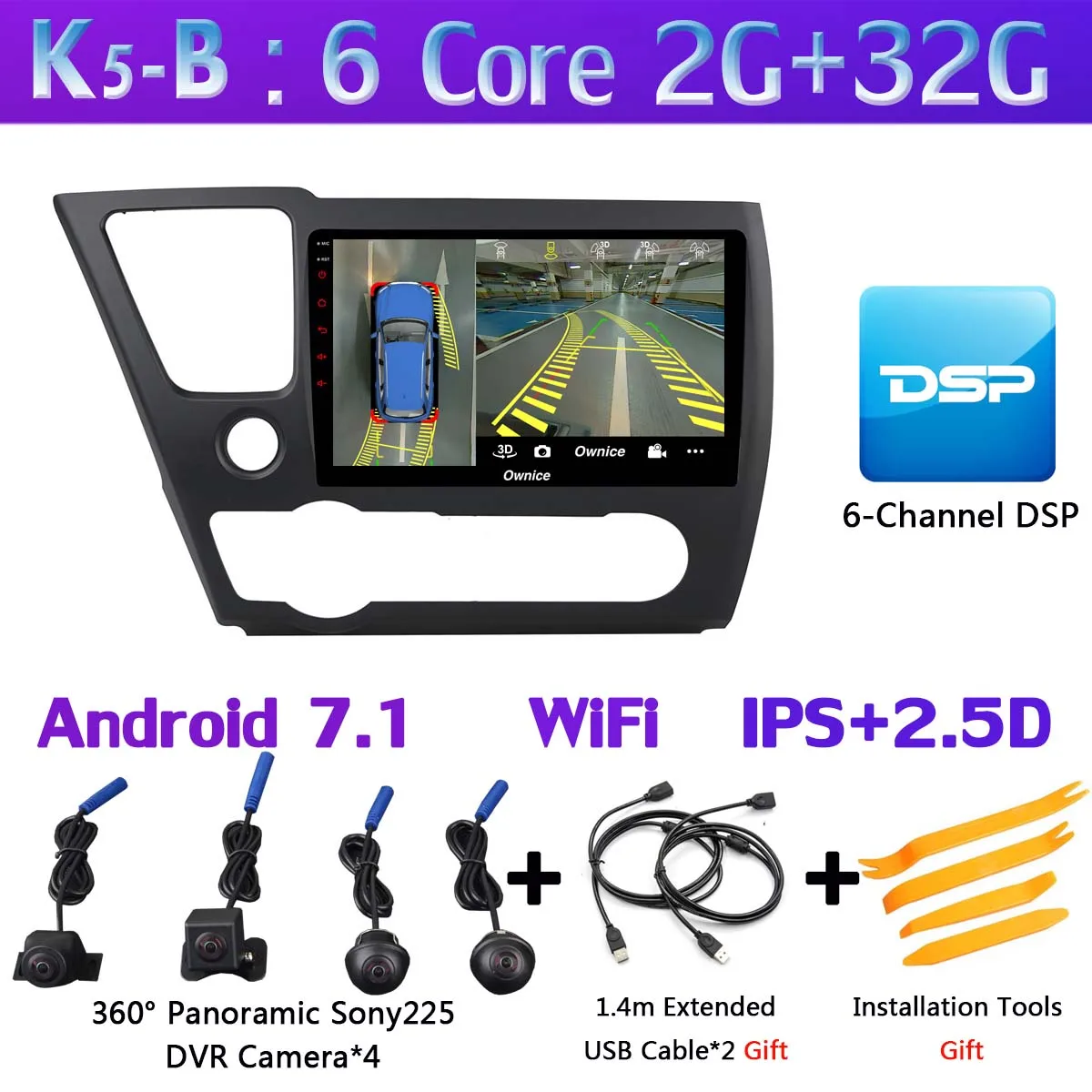 K5-B 360°AHD Камера Android 9,0 4G Оперативная память+ 64G Встроенная память SPDIF DSP CarPlay Автомобильный мультимедийный gps радио плеер для Honda Civic EX-L купе 2013 - Цвет: K5-B