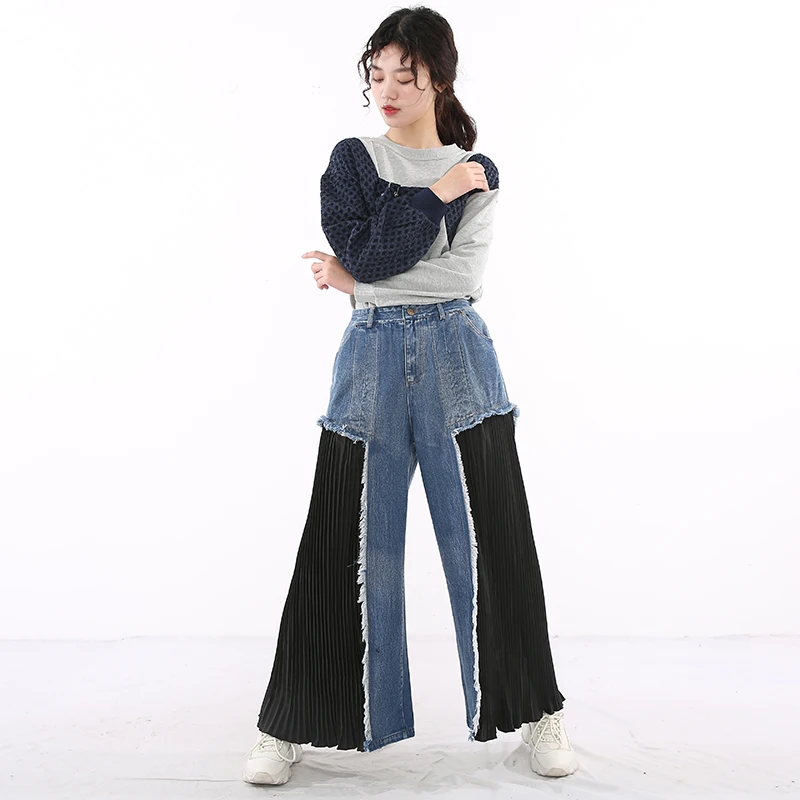 

[EAM] High Waist Blue Pleated Spliced Long Wide Leg Denim Trousers New Loose Fit Pants Women Fashion Spring Autumn 2021 1D669