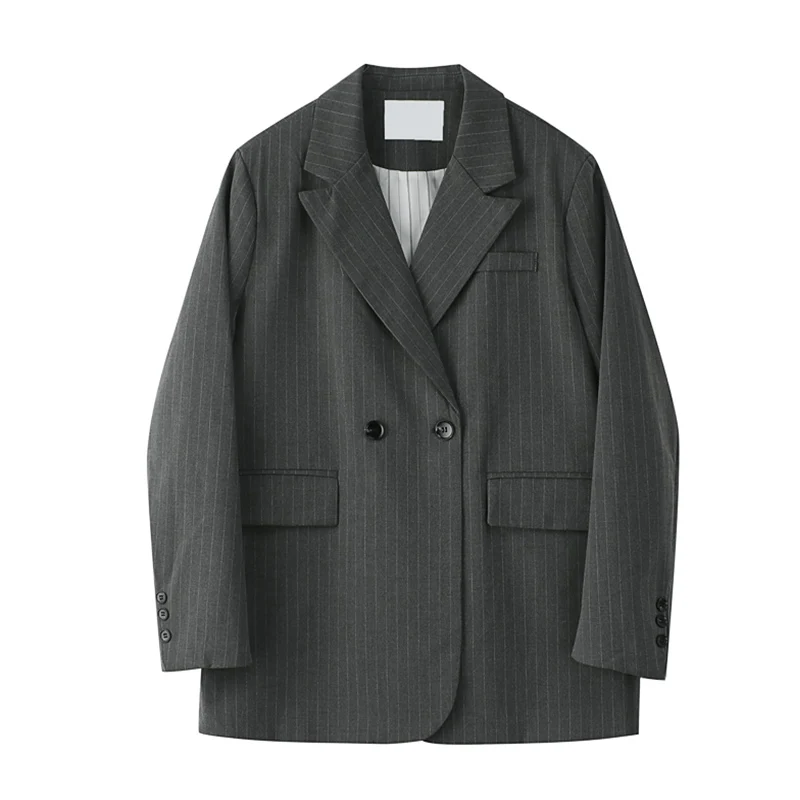 Women's Blazer Fashion New Double-breasted Striped Black Grey Jacket 2021 Autumn Korean Slim Long Sleeve Office Lady Casual Coat |