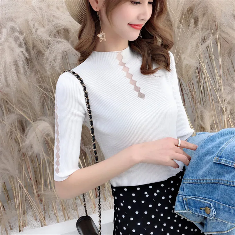 Women's Knitted Half Sleeve Solid T-shirts Girls Knitting Stretchy Turtleneck Sweater Pullovers Ice Silk Tees Top for Female 143 | Женская
