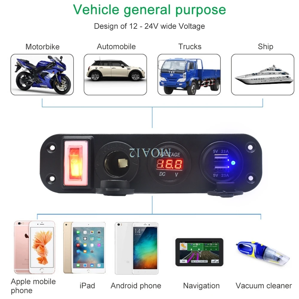 

Car Cigarette USB Lighter Digital Voltmeter Dual USB Power Charger Socket Waterproof Dustproof With Rocker Switch 12V Power
