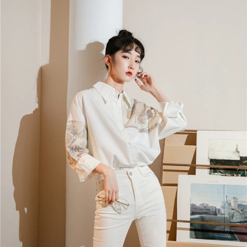 

Spring 2021 New Design Shirt Hong Kong Style Retro Long-sleeved Chic Women Tops Simple All Match Casual Office Lady Blouse