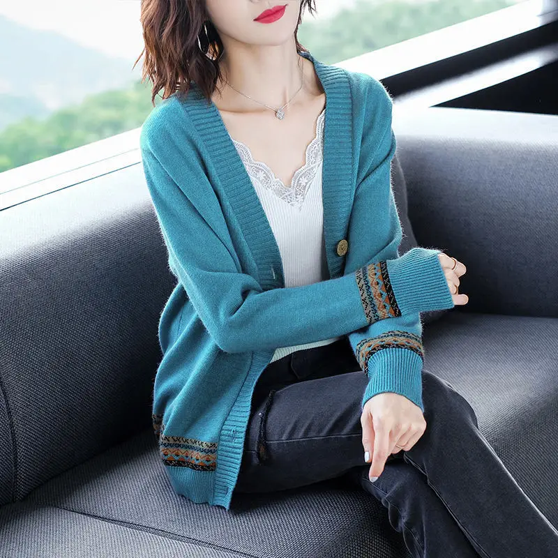 

Knitted Cardigan Women Plus Size Tops Vintage Sweater Long Sleeve Autumn Winte V Neck Clothes Ladies Casual Green Pink