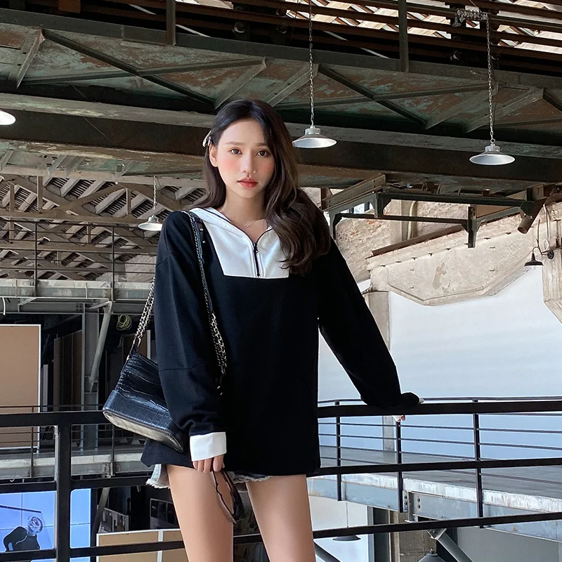 

2020 Spring New Women Casual Sweatshirt Korean Fashion Zipper Patchwork Hooded Pullovers Female Black Loose Hoodies