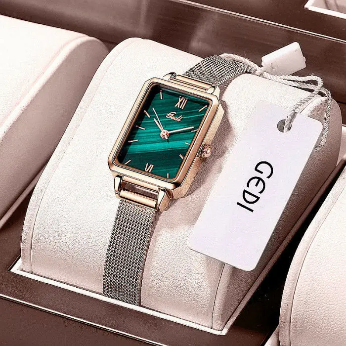 

Women's Watch Genuine Small Square Green Dial Leather Strap Waterproof Japanese Movement Light Luxury Temperament Peacock Green