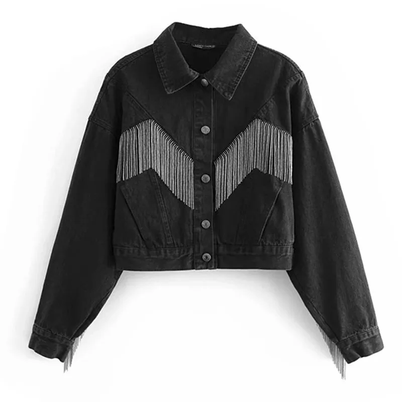 

2021 Spring Autumn New Fashion Tassel Denim Jacket Female Loose Personality Streetwear Coat Single-Breasted Women Black Outwear