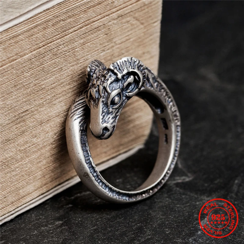 

MKENDN Vintage Black 925 Sterling Silver Zodiac Sheep Head Finger Ring Punk Biker Rings for Men Male Women Jewelry