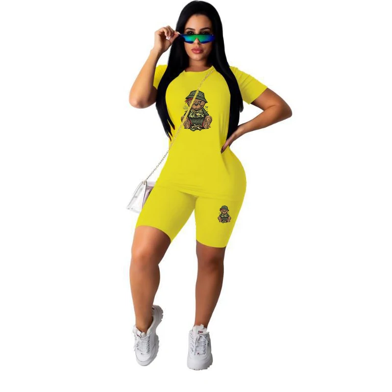 

Комплект женский из двух предметов, футболка с круглым вырезом и шорты с принтом медведей, эластичная талия, летняя повседневная одежда для ...