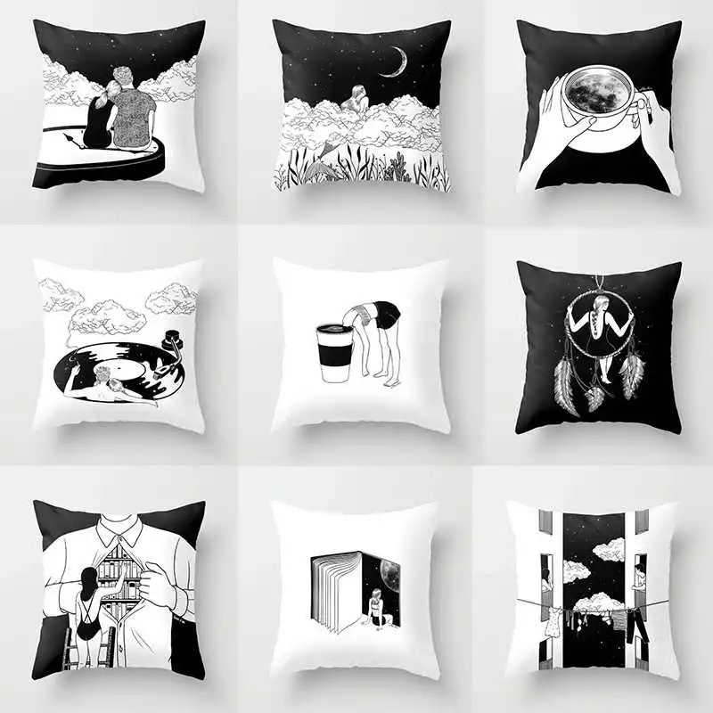 

Black and White Couple Pattern Printing Pillow Car Sofa Seat Cushion Cover Home Decoration Pillow Living Room Decoration 45*45cm