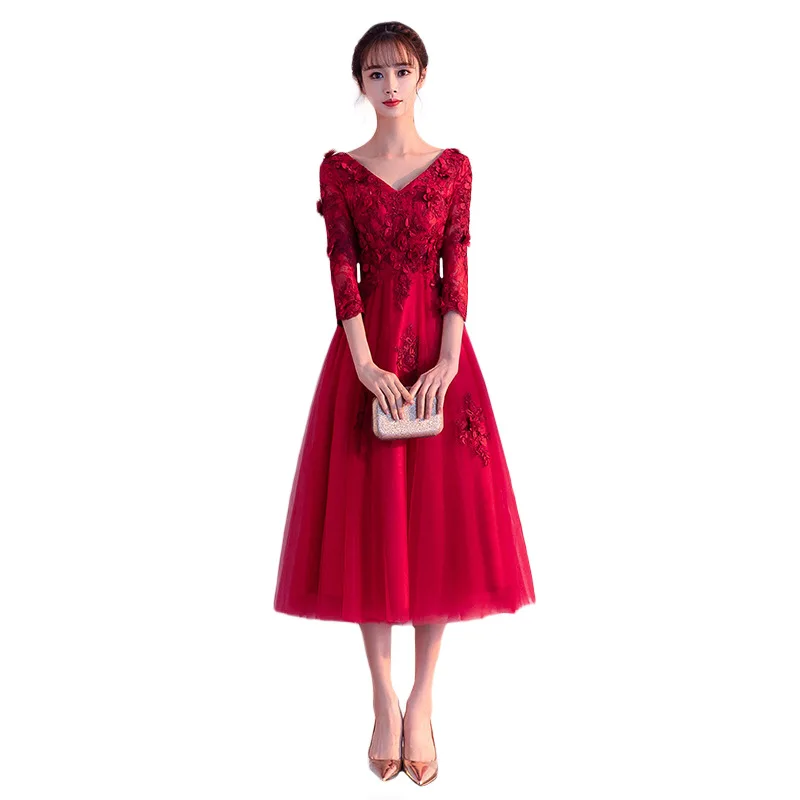 

Burgundy Appliques Women Party Dresses R218 Three Quarter Sleeve A-Line Evening Gowns 2020 Crepe Elegant Long Vestidos