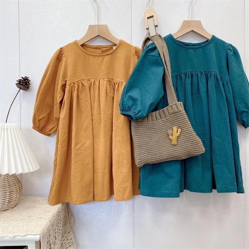 

Осень 2021, новое платье с круглым вырезом, 100% хлопок, в Корейском стиле, однотонная женская одежда, TZ52