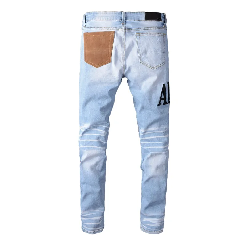Trendy New Men's Light Blue Embroidered Patch Jeans Casual Slim Fashion Patch Stretch Stitching Jeans Oversized Denim Trousers