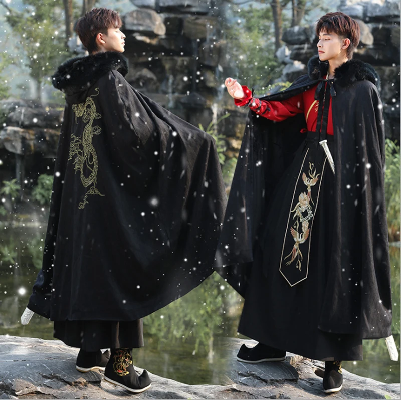 

Мужской костюм Hanfu большого размера 5XL с китайской старинной вышивкой, мужской костюм для косплея Hanfu, зимний черный плащ Hanfu с меховым воротн...