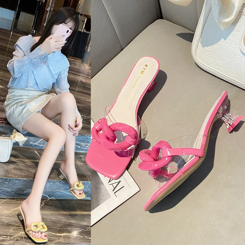 

Новинка лета 2021, прозрачные женские тапочки на высоком каблуке, сандалии с открытым носком, квадратным носком, цепочкой на шпильке