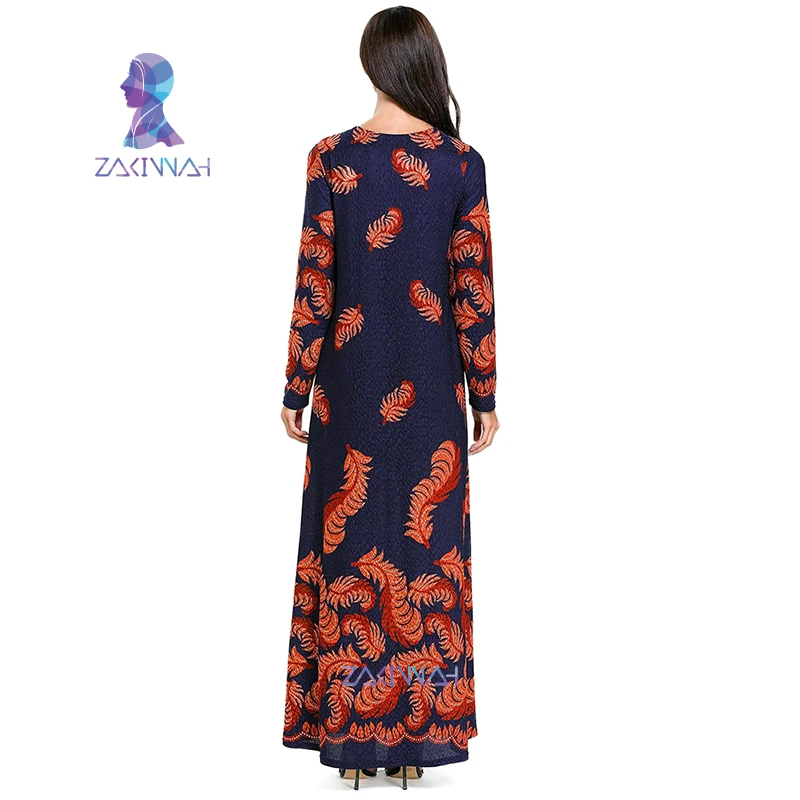 7702 vetement femme 2019 модное платье с длинным рукавом принтом в виде голубых перьев
