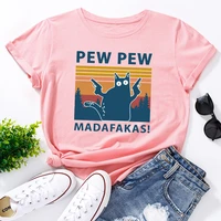 womens graphic tees cotton short sleeve crew neck t shirt tops female summer casual clothes pew pew cat animal