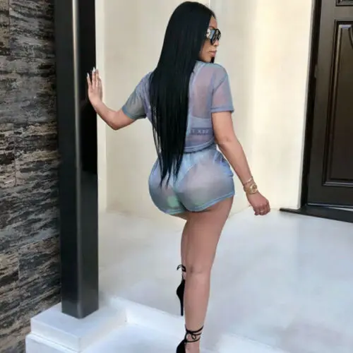 

New Arrival Fashion Women Summer Sexy Crop Top+Shorts Two Piece Mesh Jumpsuit Short Sleeve Romper Set
