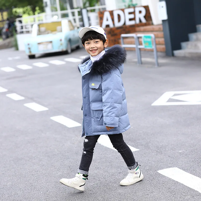 

-30 Degree Long Thick Warm Boys Down Jacket Snow Wear Fur Collar Hooded Kids Snowsuit Solid Children Winter Coat Z656