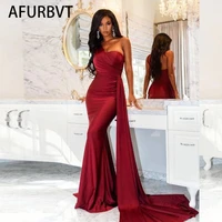 one shoulder padded sexy satin maxi dress womens evening party dress gown with ribbon royal burgundy draped long dress