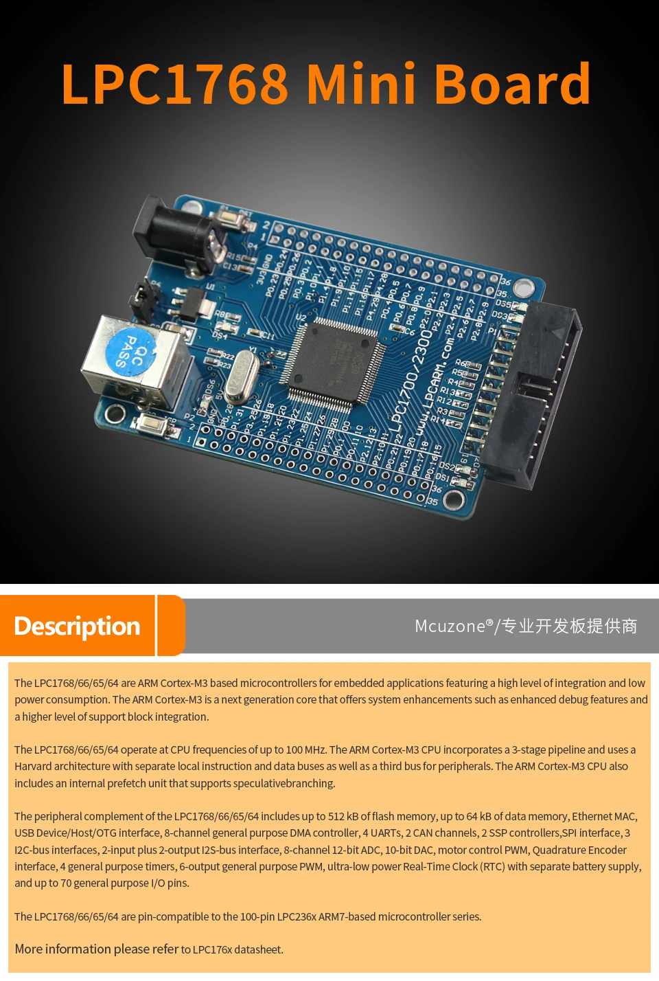 LPC1768 мини плата 100 МГц Cortex-M3, USB, EMAC, UART, SPI, igc, ADC, DAC, SD NXP GPIO CAN