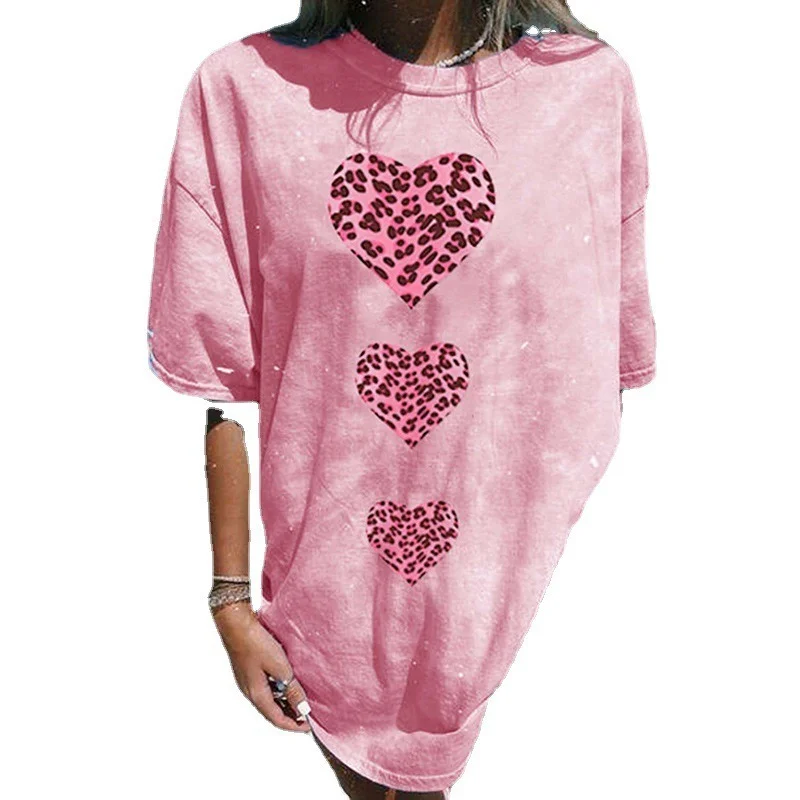 

Pink Leopard Love Print Shirts Women Summer Vintage Harajuku Graphic T Shirt Y2K Short Sleeve O Neck Casual Loose Tee Tops 2021