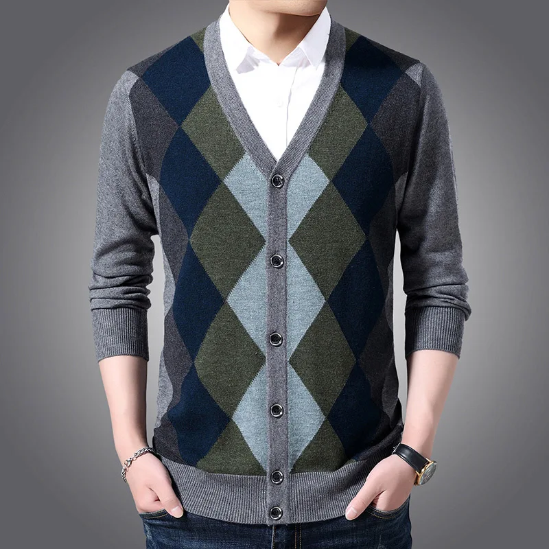 New Fashion Brand 6% Wool Sweaters Mens Cardigan Jumpers Knit V Neck Autumn Patterns Slim Fit Casual Men Clothes - Цвет: Зеленый