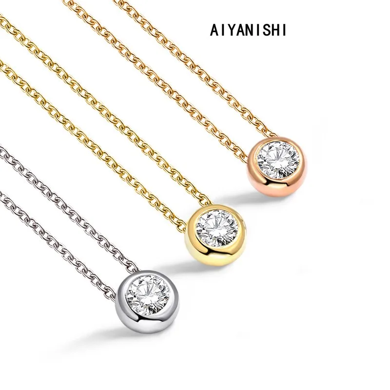 

AIYANISHI 925 Sterling Silver Pendant Necklace 0.5ct/1ct Round Bazel Women Engagement Wedding Silver Necklace Party Girl Gifts