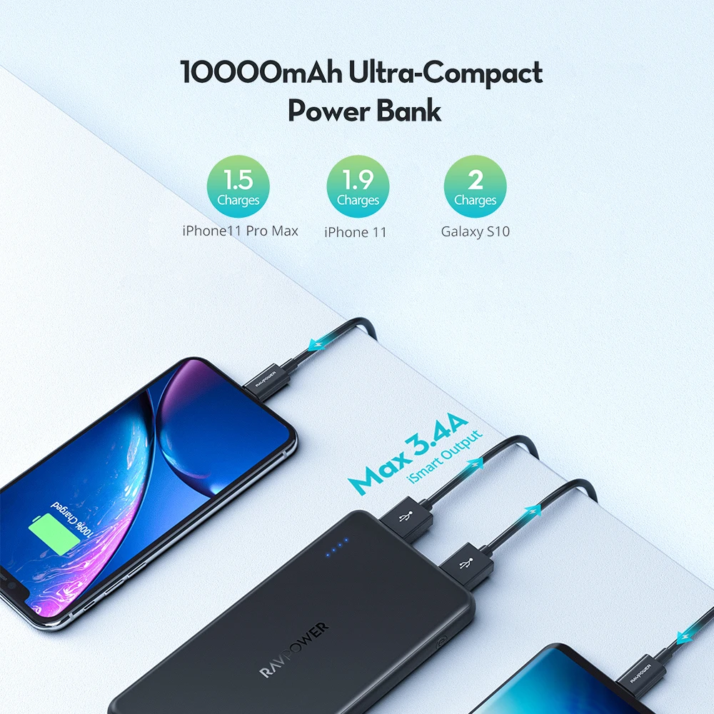 

RAVPower Power Bank 10000mAh Portable Charging Poverbank for Xiaomi Redmi 8 7 iphone 11 X Powerbank 10000mAh External Battery