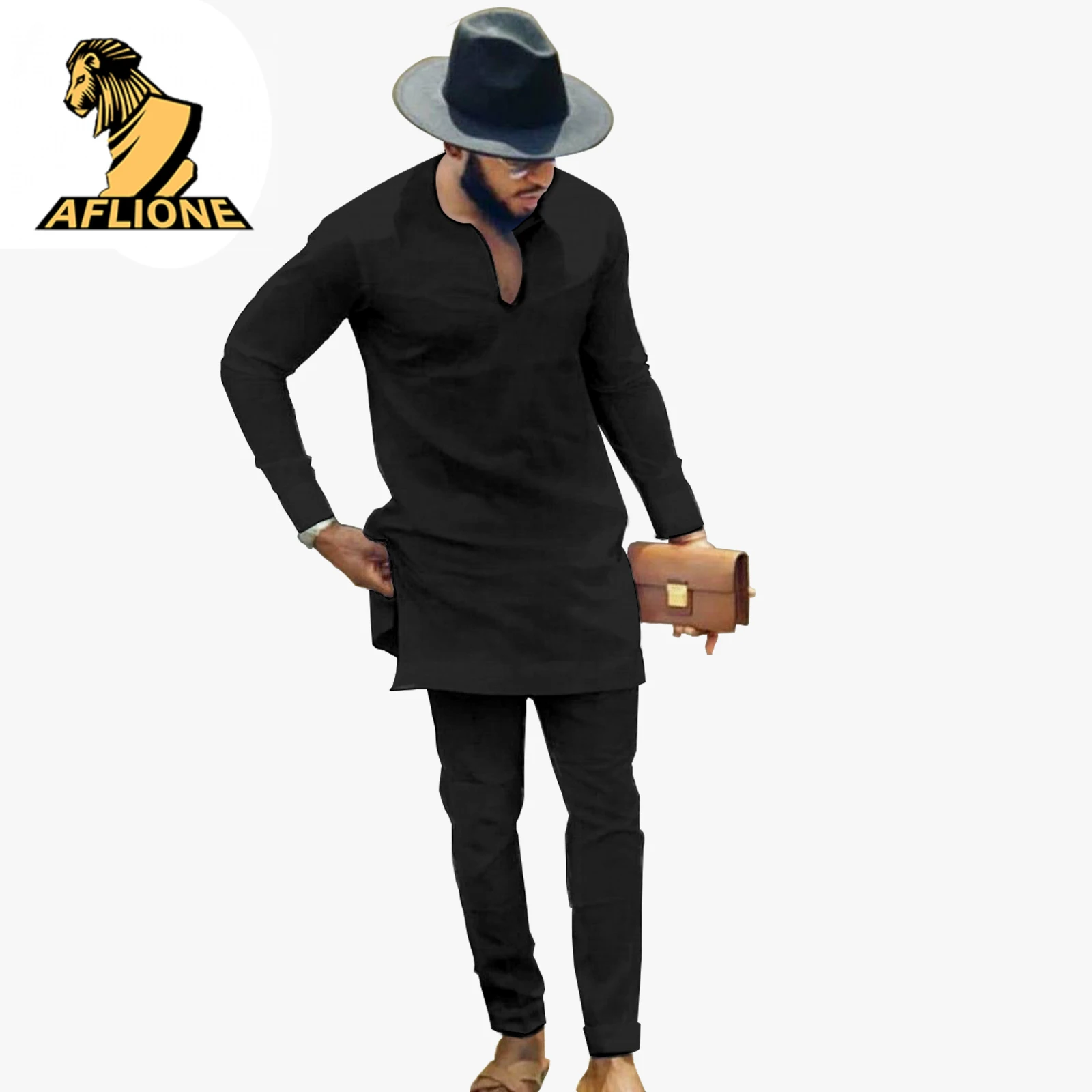 New Spring 2021 African Clothes For Men Dashiki Style Outfits For Men Matching Sets Solid Color V Collar Long Sleeve Robe Suit