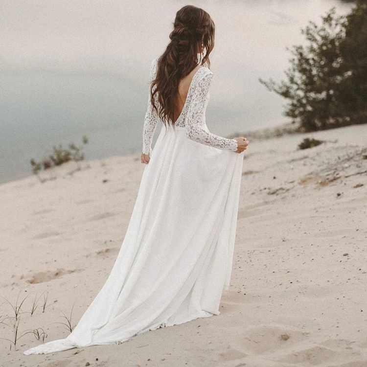 Lace Long Sleeve Boho Pre Wedding Shoot Dress Beach A Line Backless Customized Bridesmaid Gowns Factory 2021 New Spring #3049