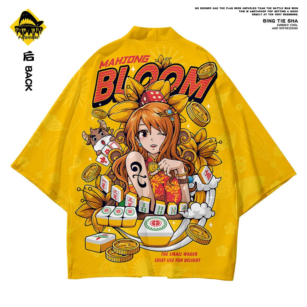 Мужской костюм Самурая Одежда Желтая Печать Кимоно Куртка и Брюки Рубашка Японский Кардиган Хаори Юката.