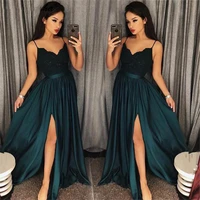 nuoxifang fashion long evening gowns 2020 spaghetti straps v neckline sleeveless lace bodice prom dresses with split