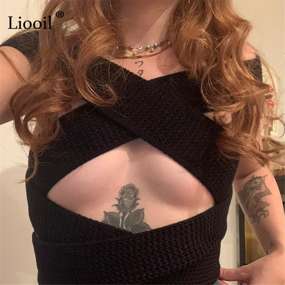 

Liooil Sexy Bodycon Bandage White Tank Top For Women Summer Sleeveless Bustiers Corsets Tight Cross Crop Tops Streetwear 2021