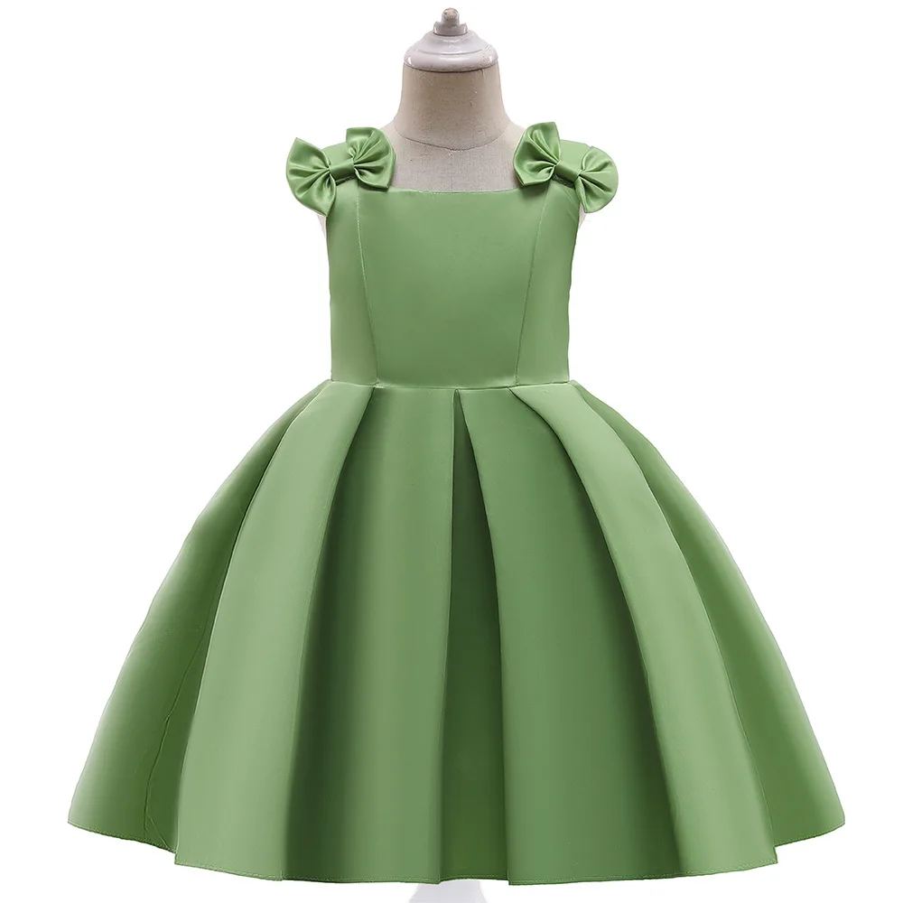 

New Solid Satin Girls Dress Bowknot Elegant Birthday Ceremony Girls Princess Dress Children Party Dresses