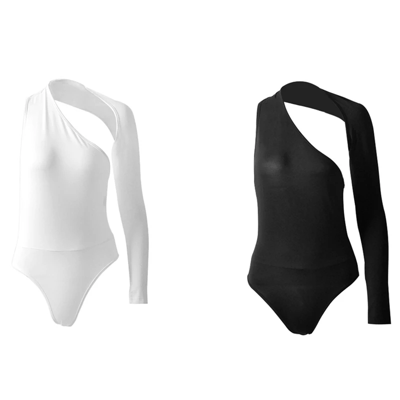 

Женский облегающий боди на одно плечо с воротником, 2 шт., женский комбинезон, Осенний эластичный комбинезон с длинным рукавом, белый, XL и чер...