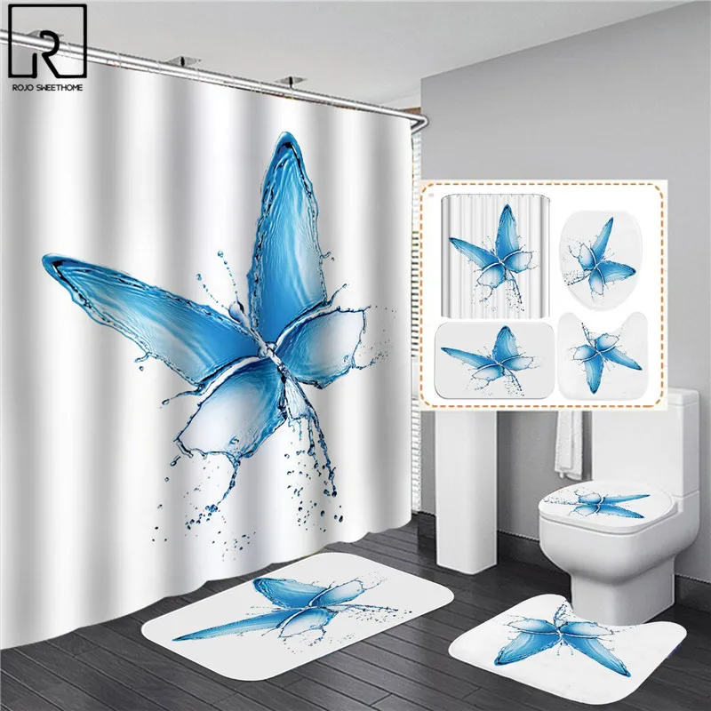 big butterfly beautiful polyester shower curtain 134pcs bathroom waterproof curtains bath mat set toilet lid cover wc supplies free global shipping